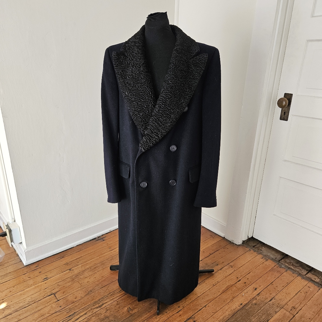 Vintage Pierre Balmain Men's Navy Wool Cashmere Curly Lamb Coat